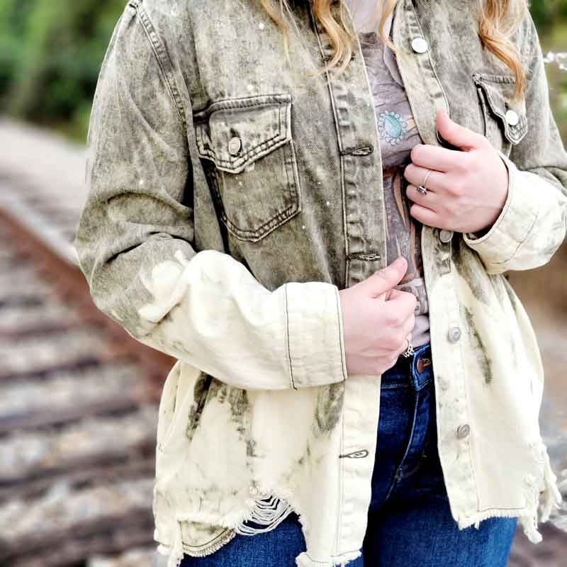 Distressed bleached denim jacket sale