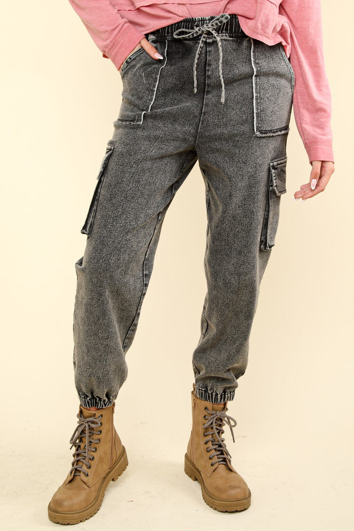 Washed Denim Jogger Cargo Pants