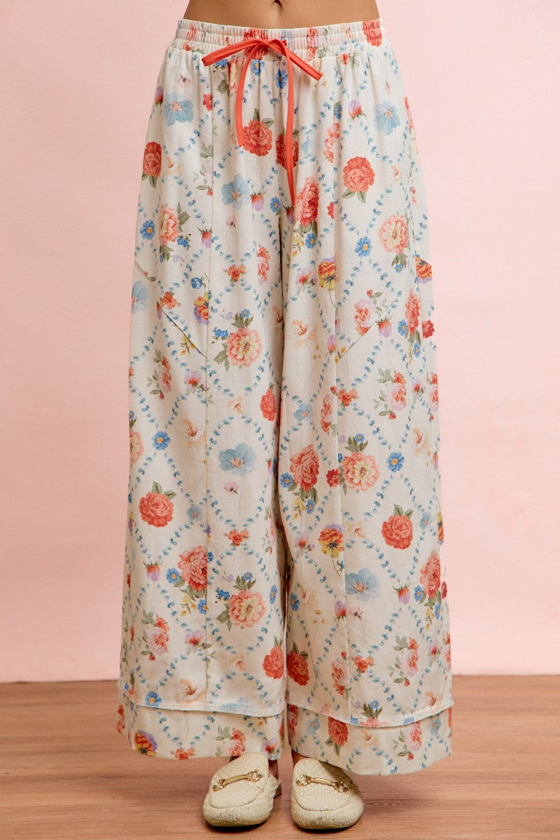 Denim Floral Print Pants