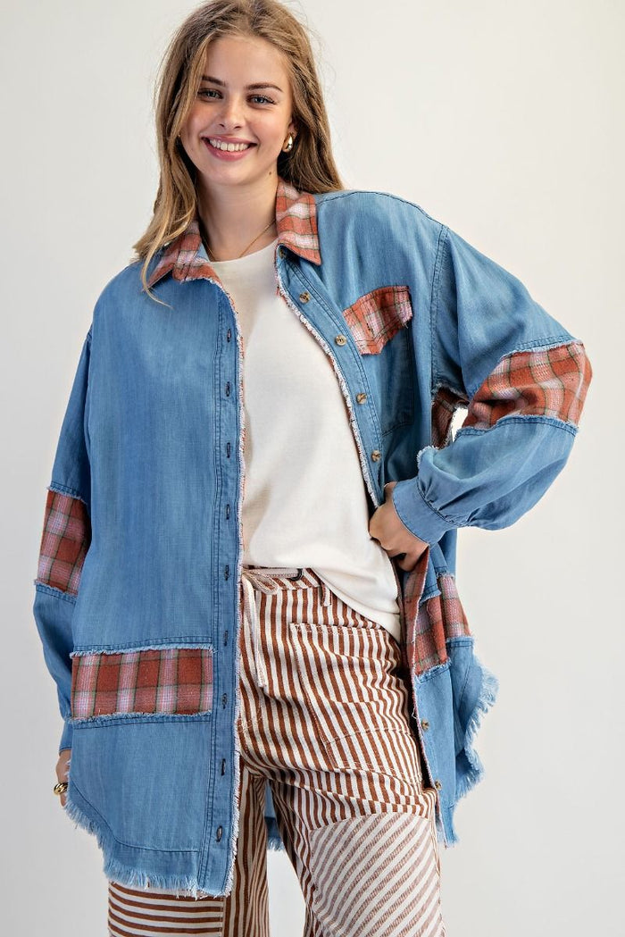 Oversized Plaid & Denim Shacket