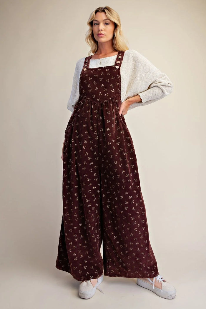 Floral Printed Corduroy Overalls