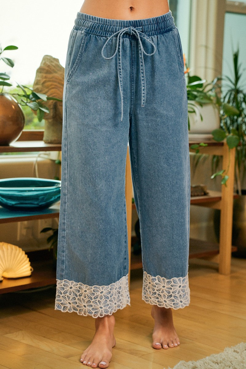 Flower Lace Hem Wide Leg Pants