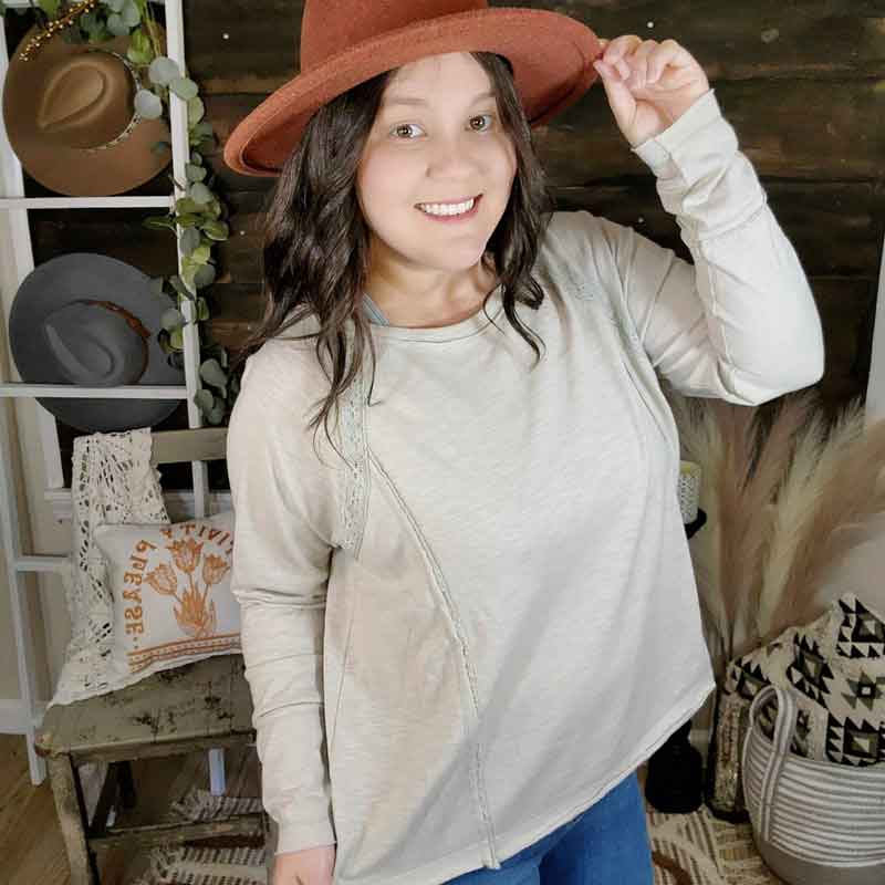Grey Lace Inset Long Sleeve Top