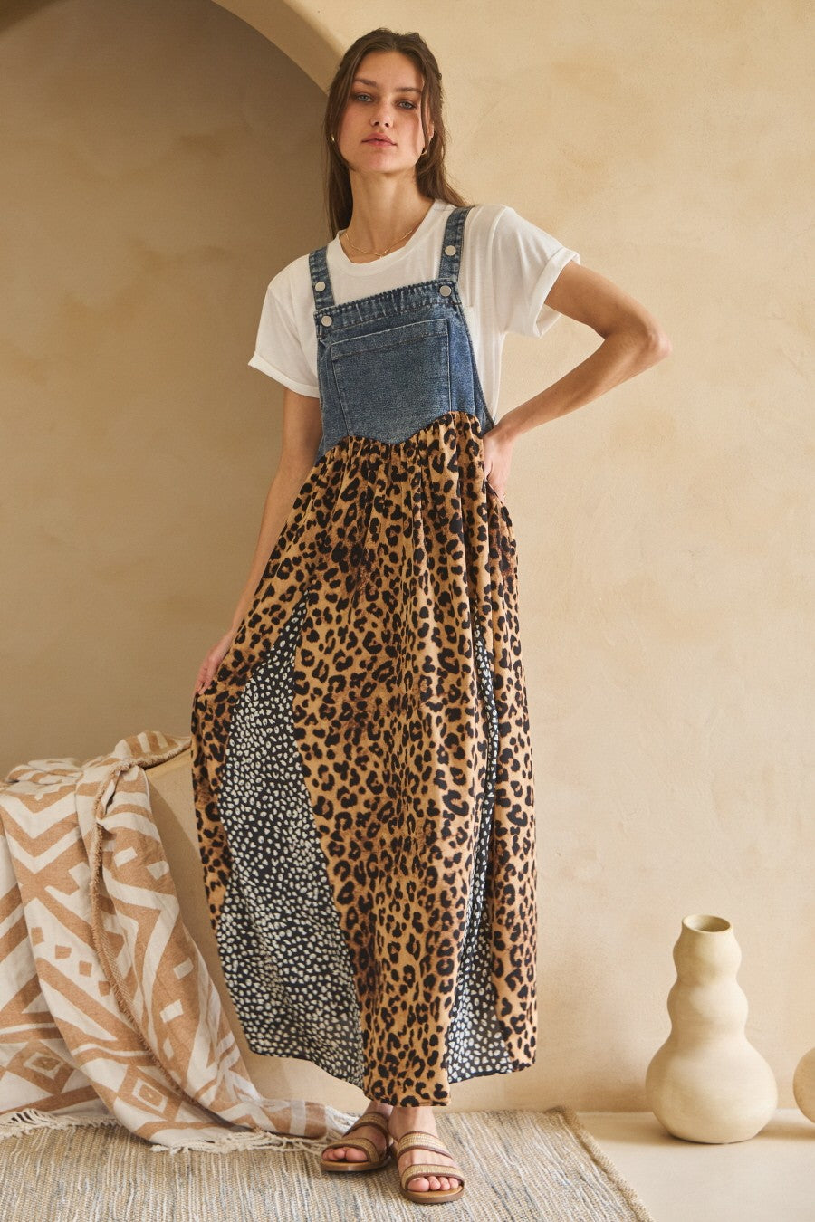 Leopard Denim Overall Dress