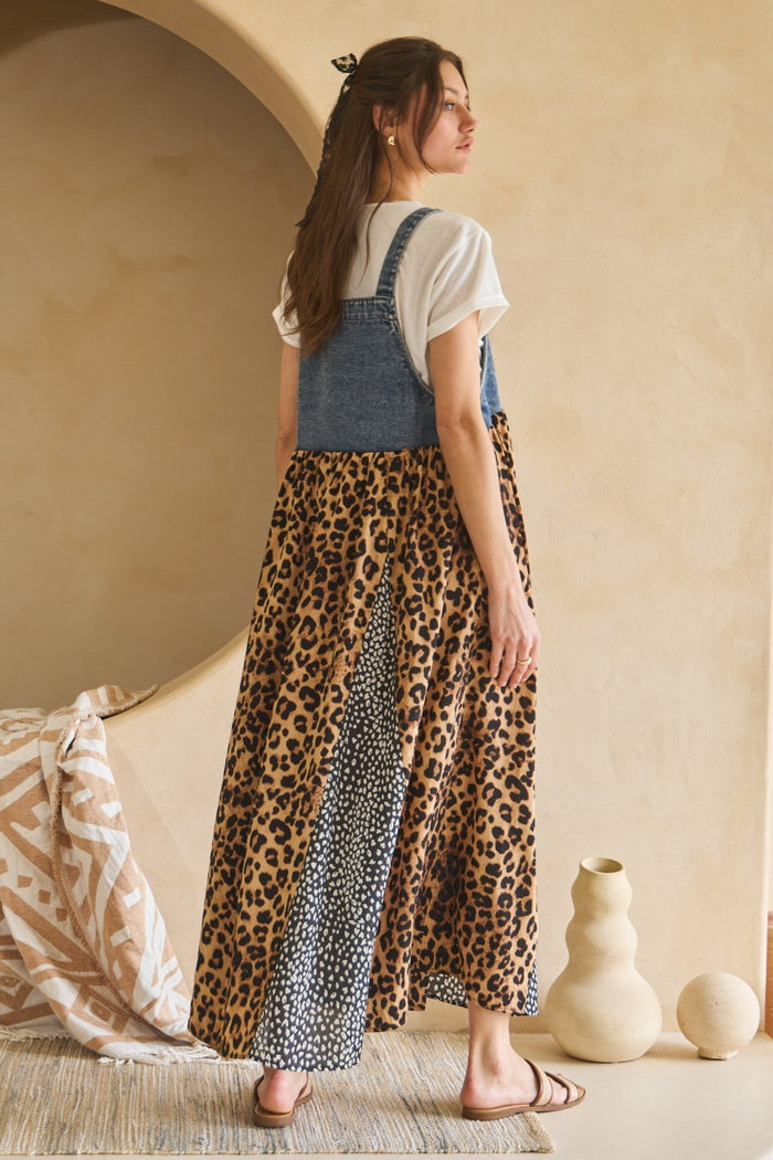 Leopard Denim Overall Dress