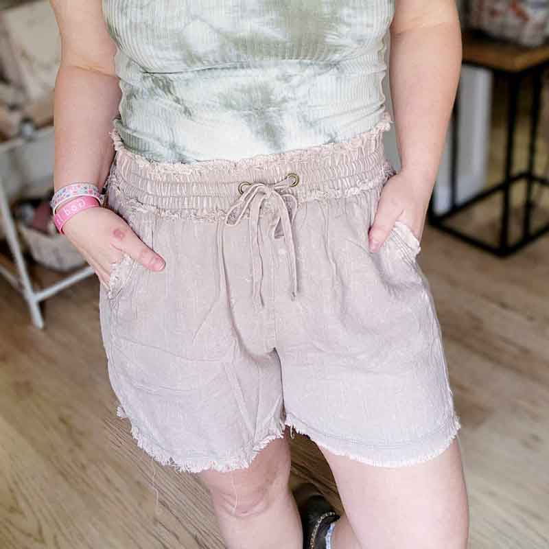 Linen Drawstring Frayed Hem Shorts