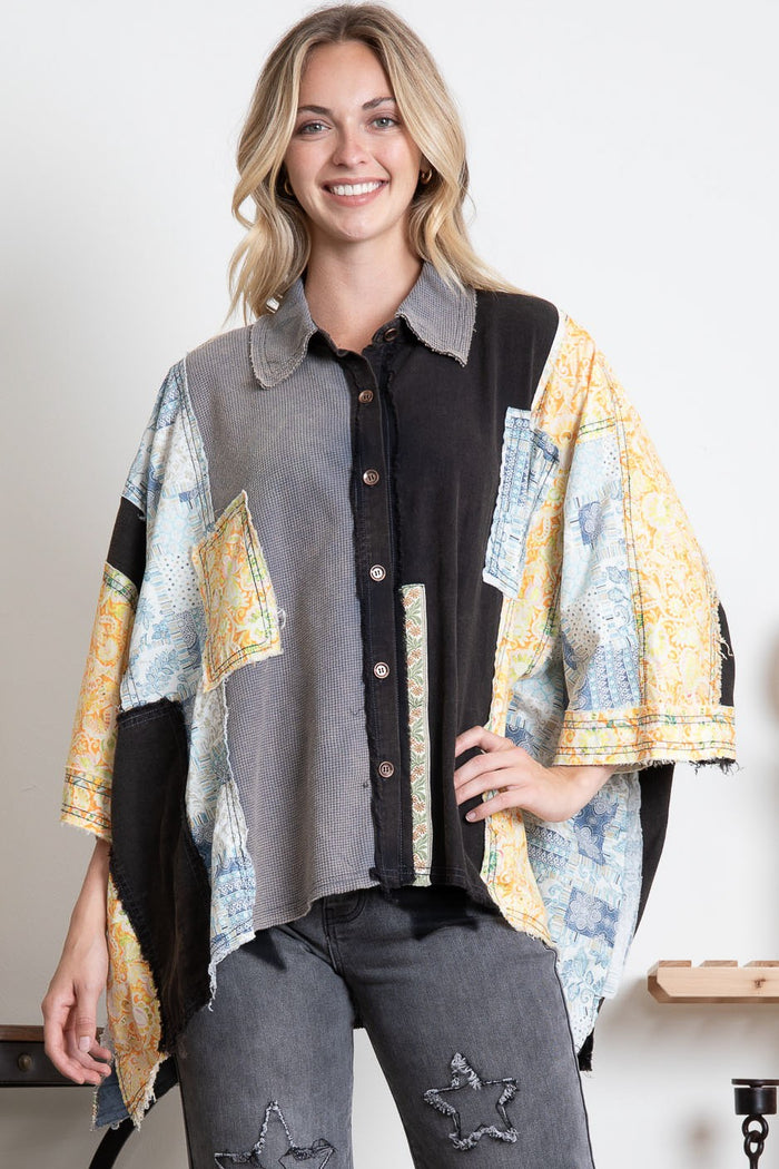 Patchwork Button Front Top