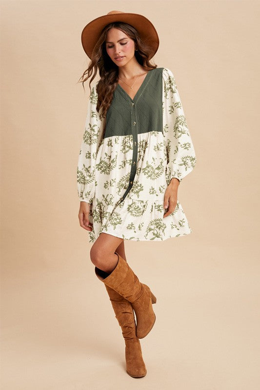 Quilted Floral Print Babydoll Dress