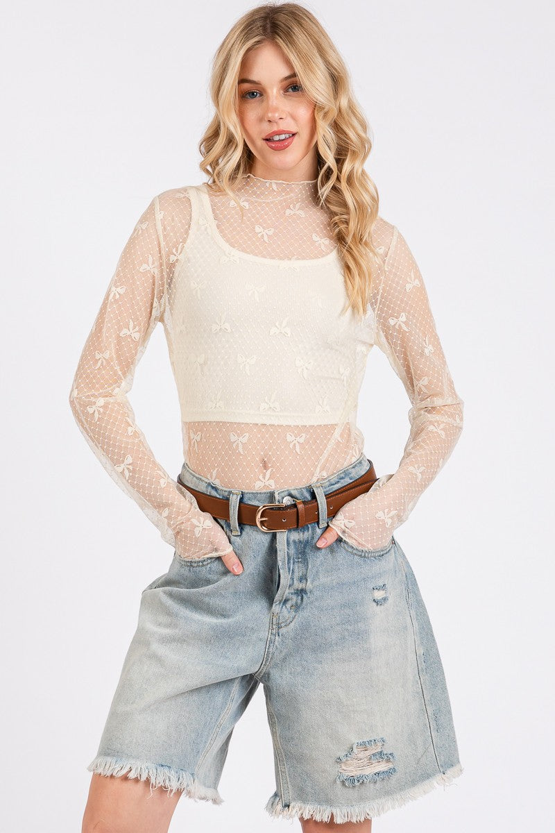 Lace Bow Mesh Top