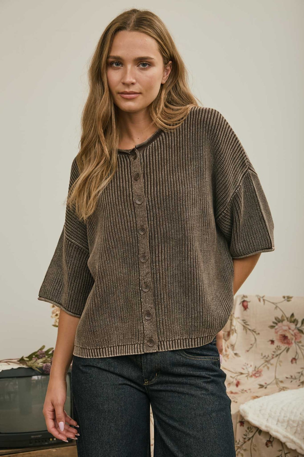 Washed Button Front Cardigan