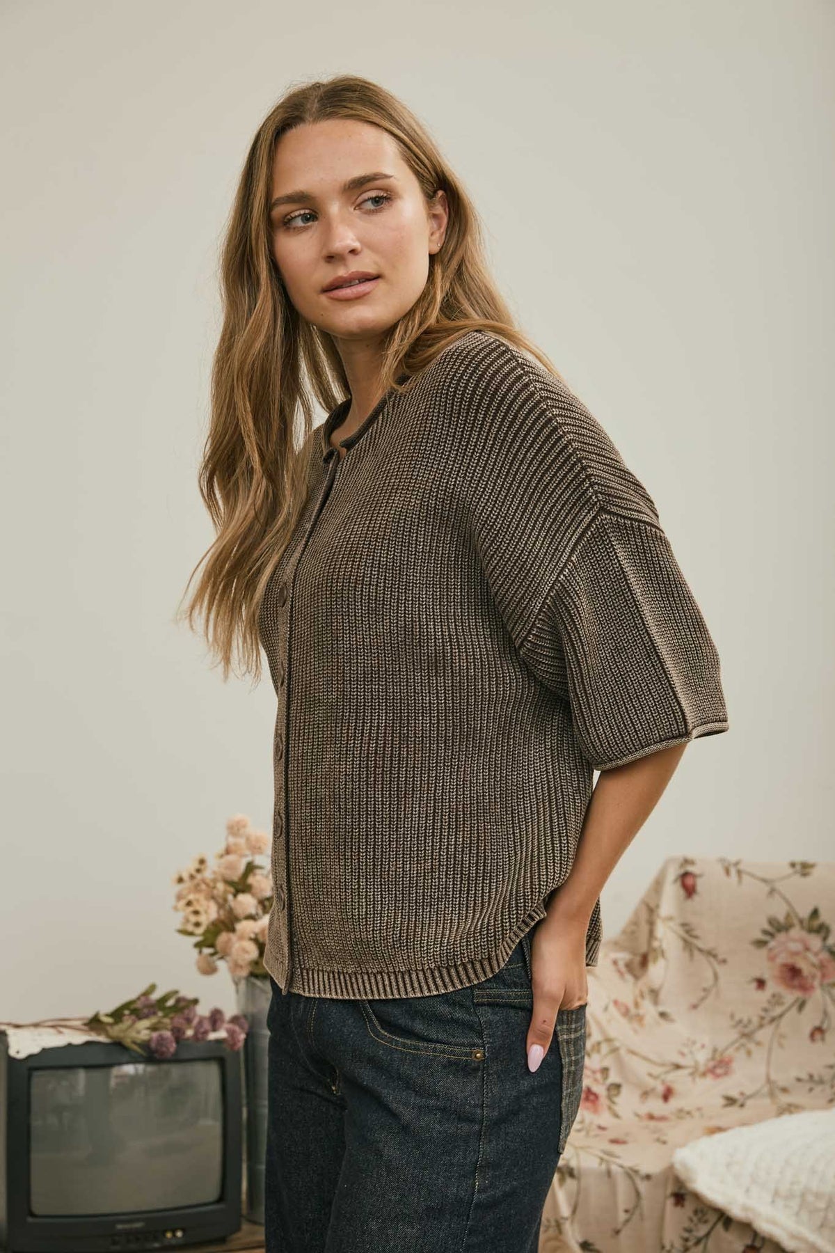 Washed Button Front Cardigan
