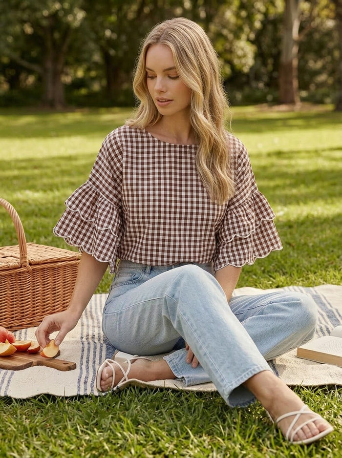 Gingham Ruffle Sleeve Top