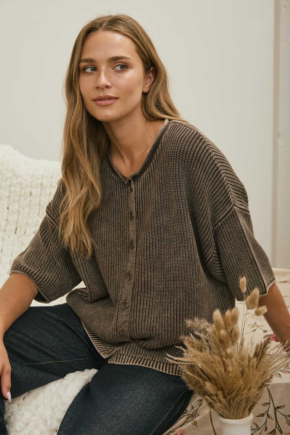 Washed Button Front Cardigan