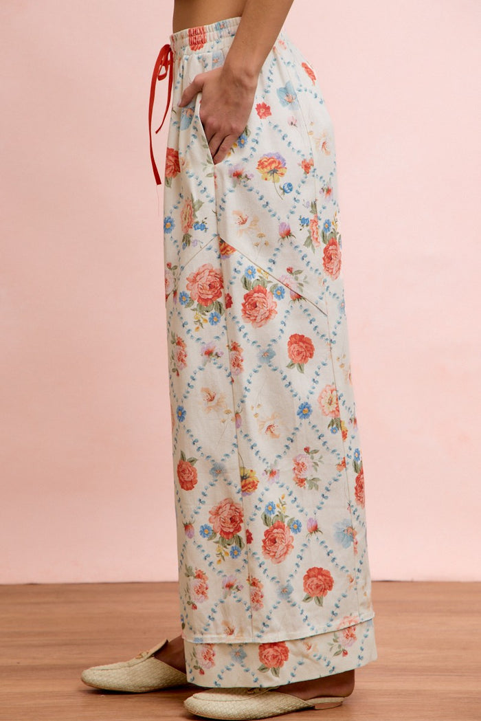 Denim Floral Print Pants