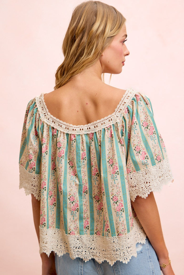 Vintage Floral Print Lace Top