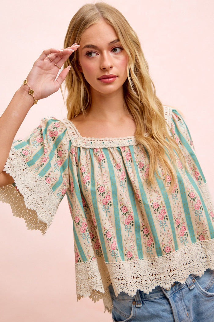 Vintage Floral Print Lace Top