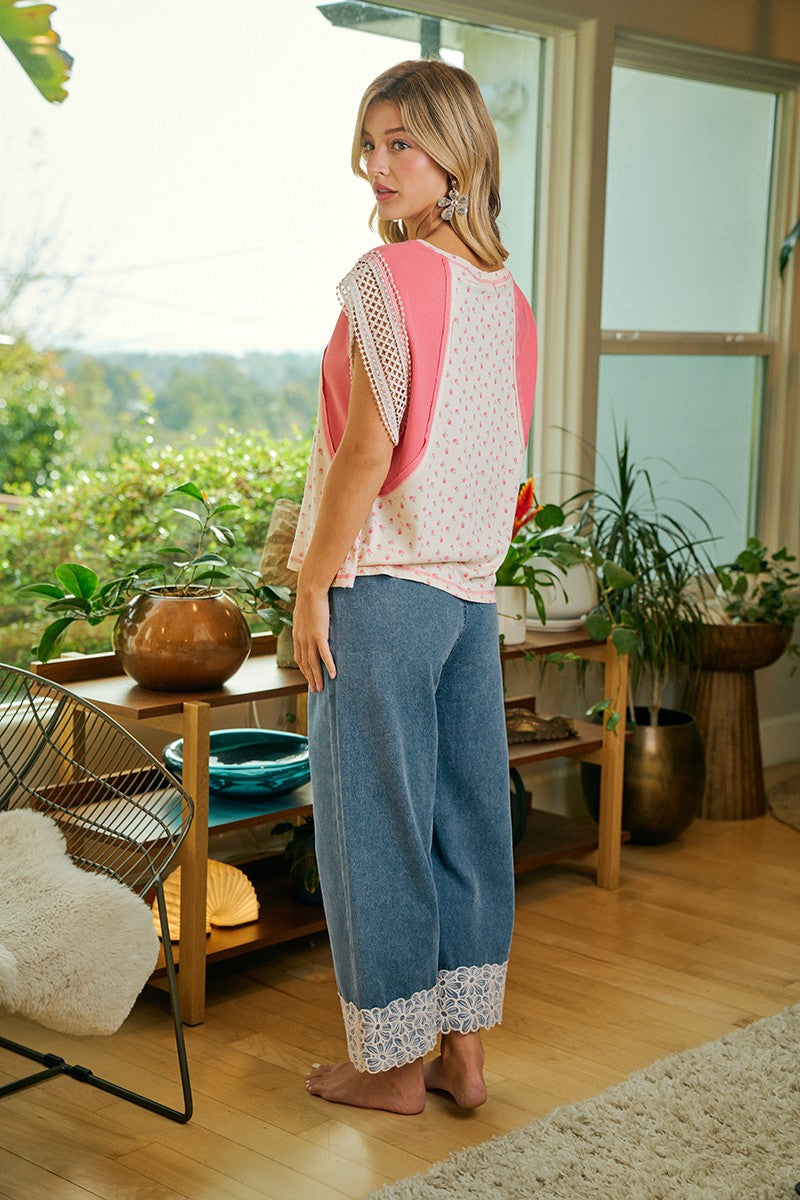 Flower Lace Hem Wide Leg Pants