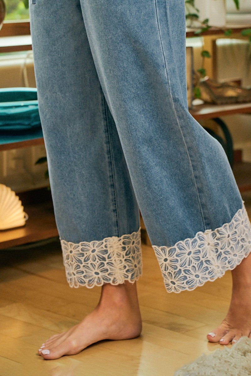 Flower Lace Hem Wide Leg Pants
