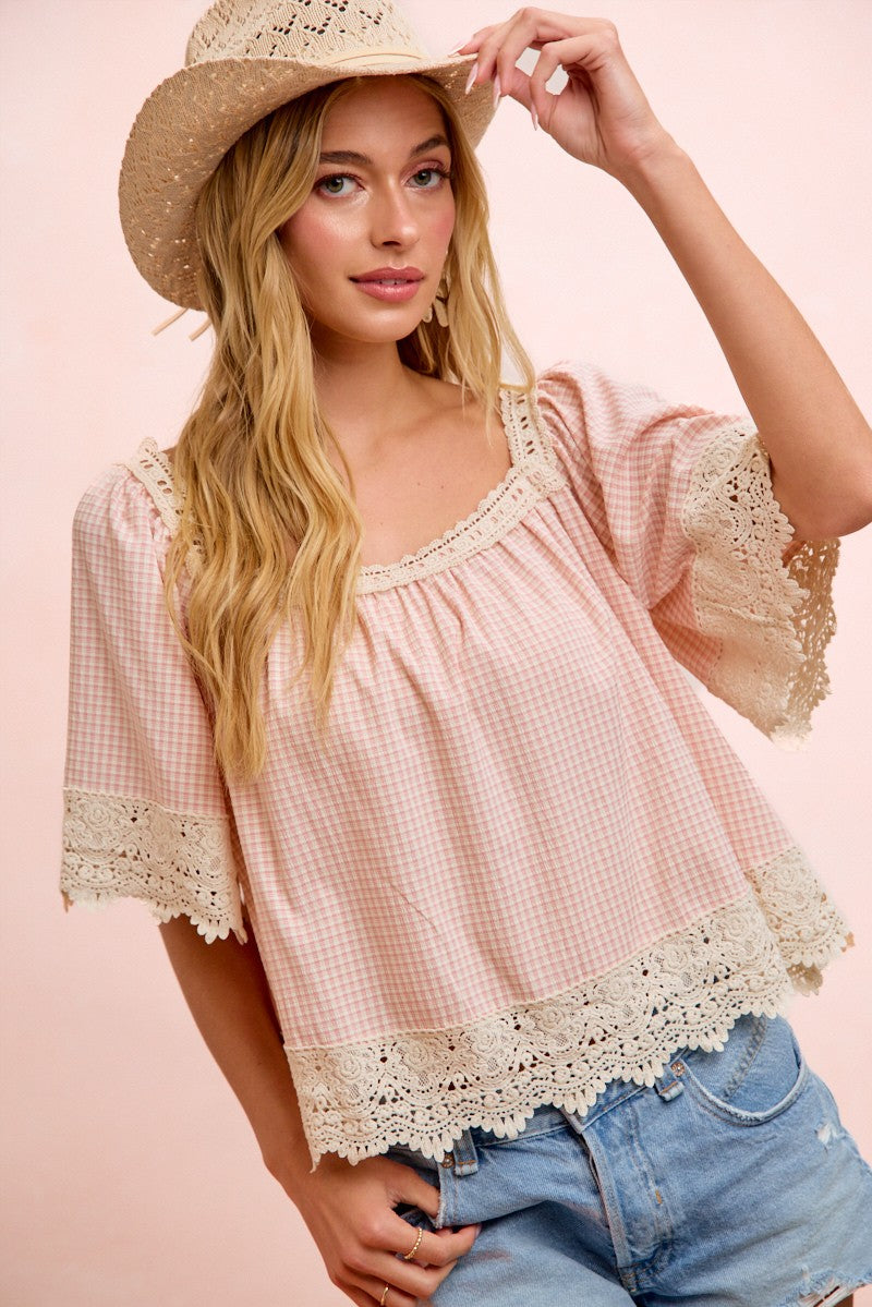Gingham Lace Top