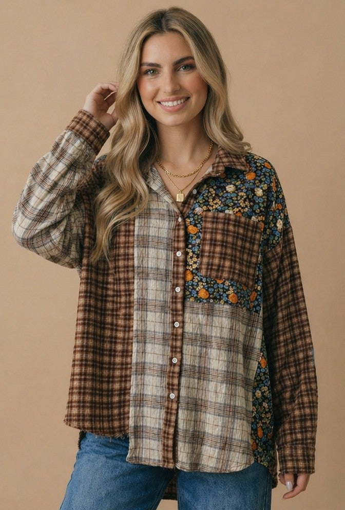 Mixed Print Plaid Top