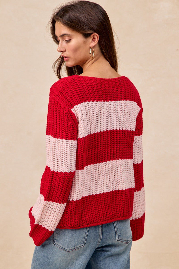 Strip Bow Tie Front Sweater