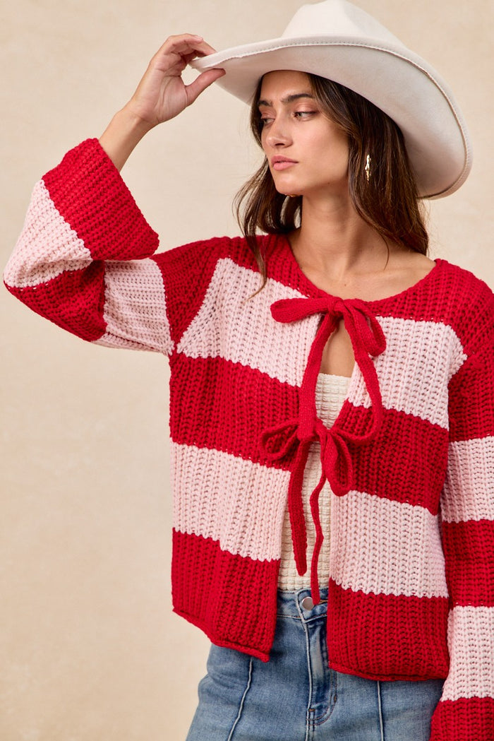 Strip Bow Tie Front Sweater