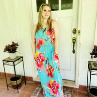 Aqua Floral Off Shoulder Maxi Dress