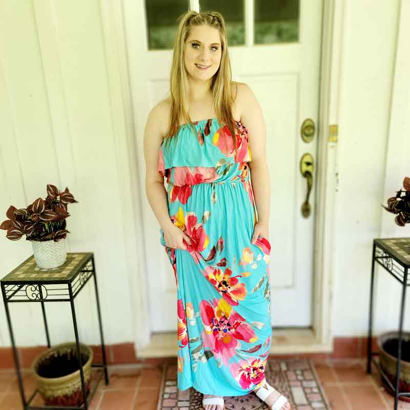 Aqua Floral Off Shoulder Maxi Dress