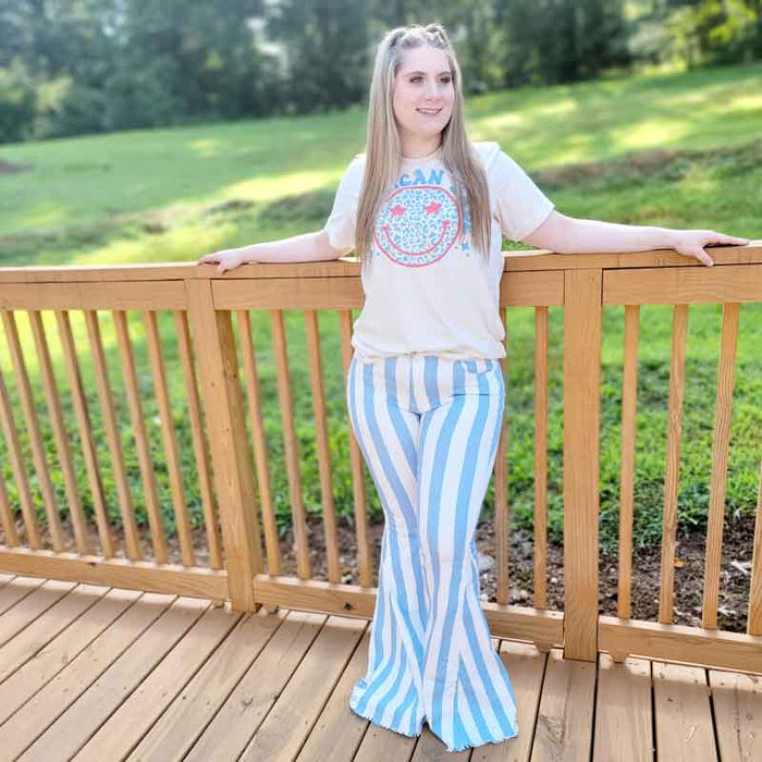 Striped Baby Blue Denim Flares