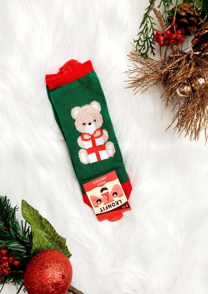 Kids holiday socks with teddy bear image.