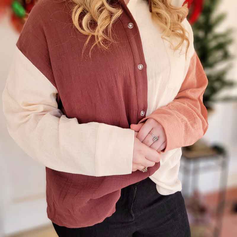 Gauze Color Block Button Down Top