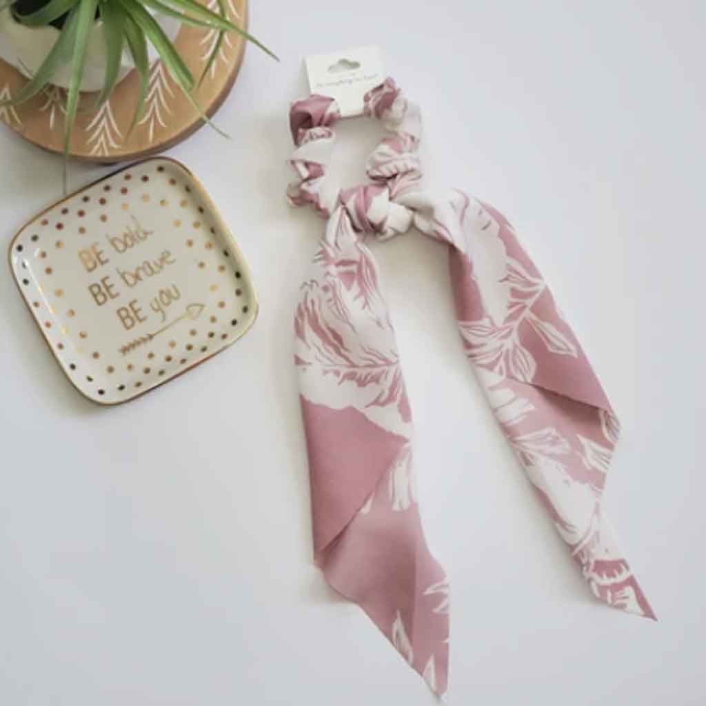 Dusty pink color floral scarf hair tie.