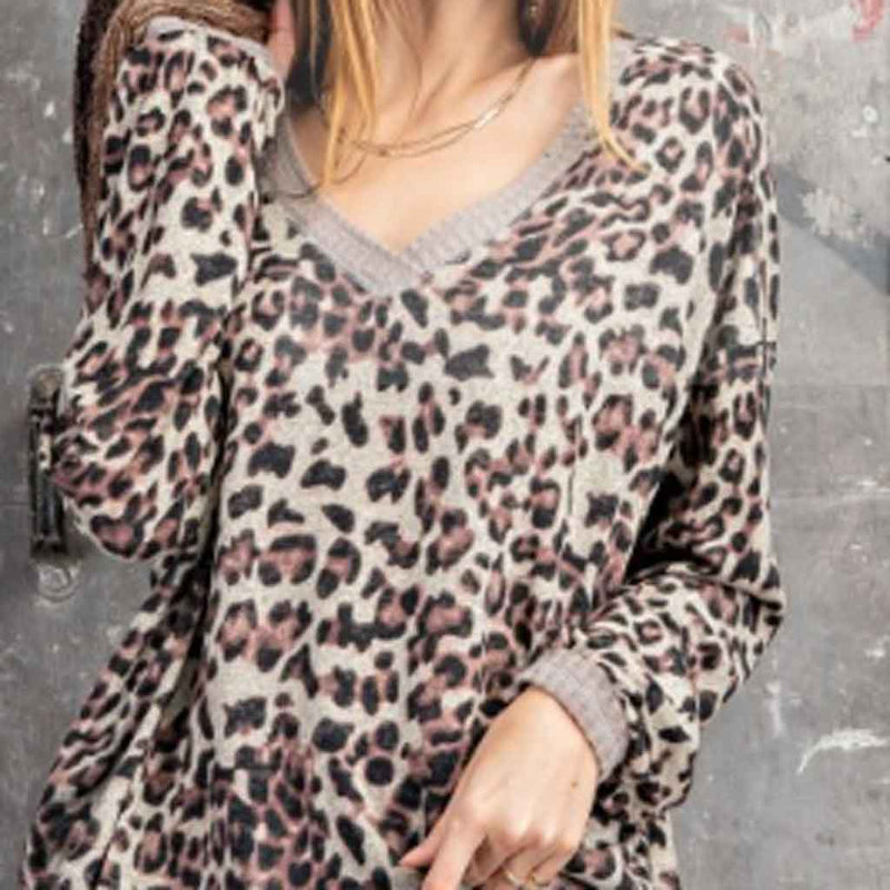 Easel brand, mushroom color, leopard top. Close up front view.