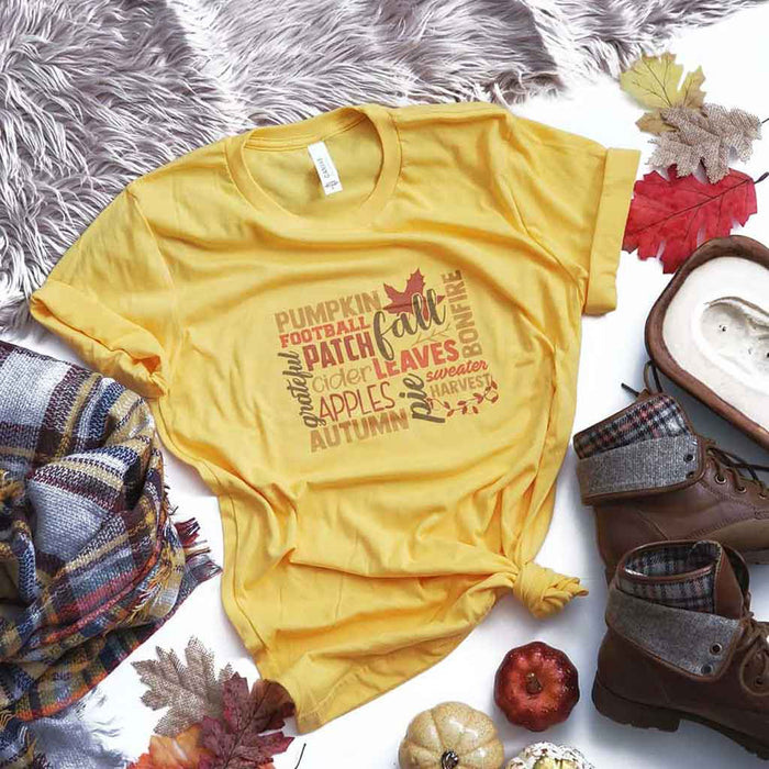 Yellow color tee with fall season quotes.