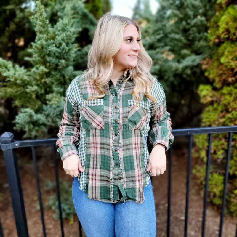 Green Mixed Print Plaid Top