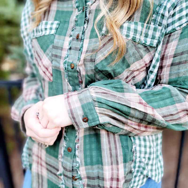 Green Mixed Print Plaid Top