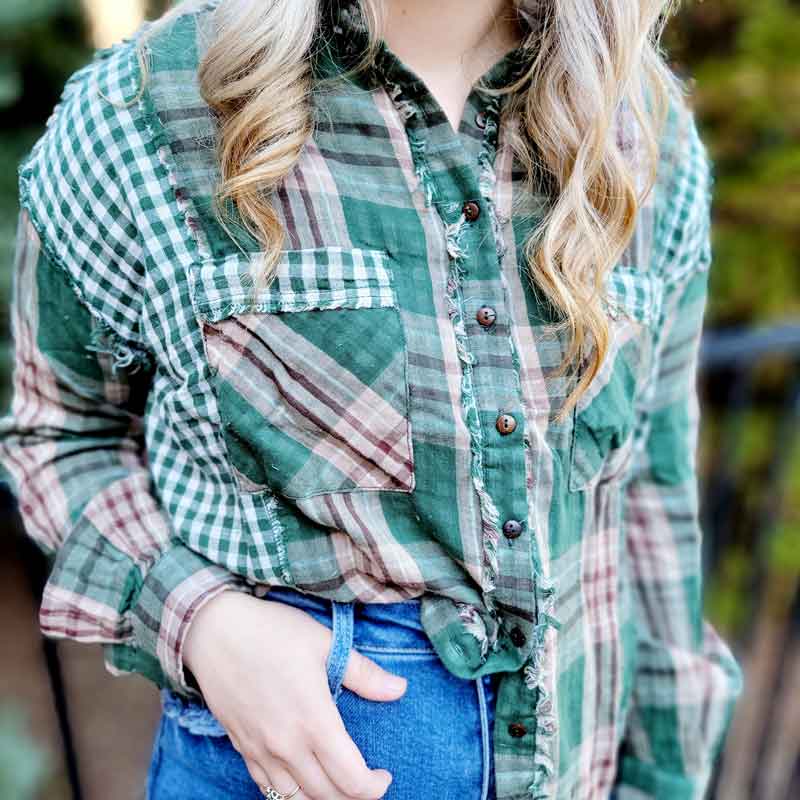 Green Mixed Print Plaid Top