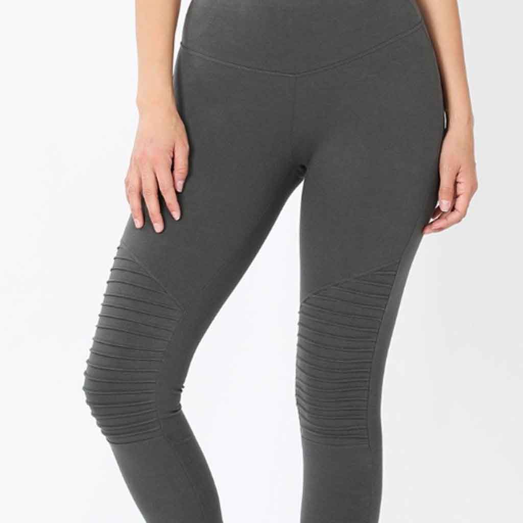 Plus size black, moto leggings with no front or back pockets. 68% cotton,  27% polyester, and 5% spandex. Sold in packs of six - Two XL, Two 2XL, Two  3XL., 735010