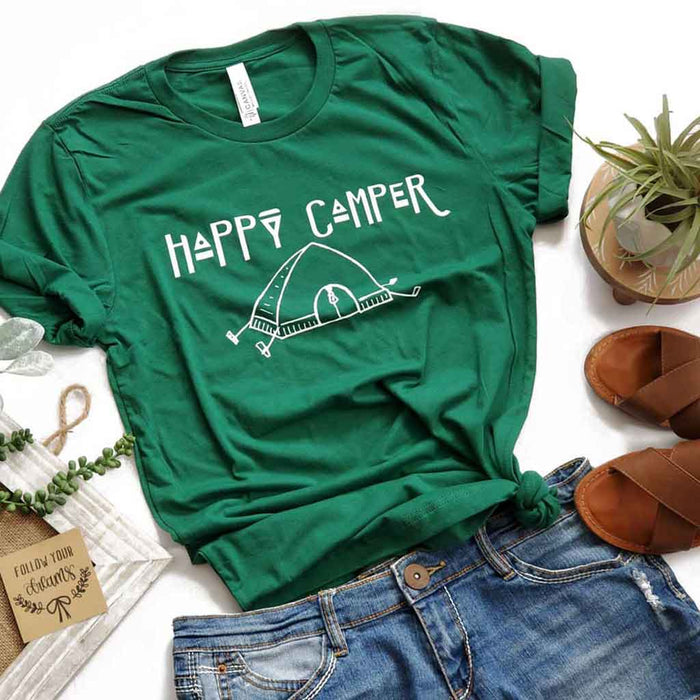 Dark Green tee with happy camper quote and tent image.