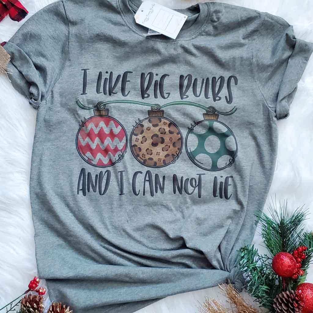 Funny Christmas tee with quote "I like big bulbs and I can not lie" and a sting of different color bulbs.