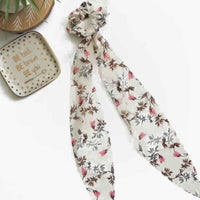 Ivory color floral print scarf hair tie.