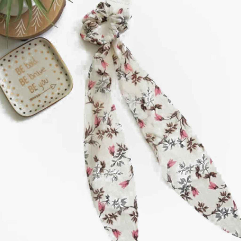 Ivory color floral print scarf hair tie.