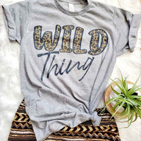 Grey color shirt with leopard print quote "wild thing".