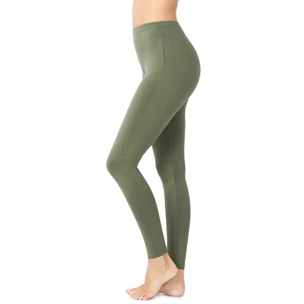 Cotton light olive color leggings, side view.