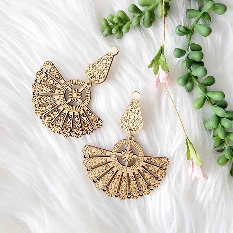 Mandala Fan Wood Earrings