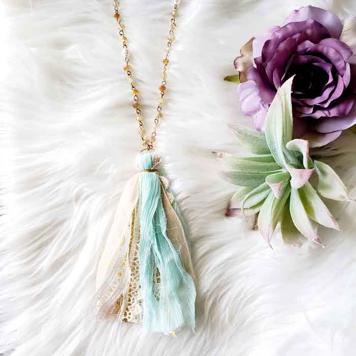 Mint Fabric Tassel Necklace