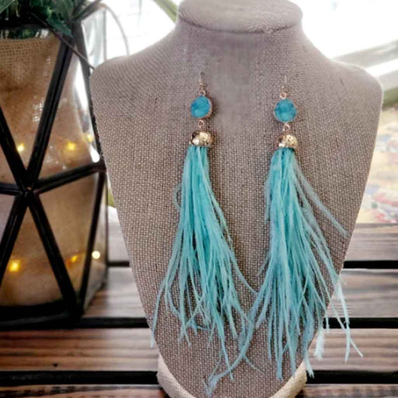 Druzy Stone Long Feather Earrings | LAST ONE