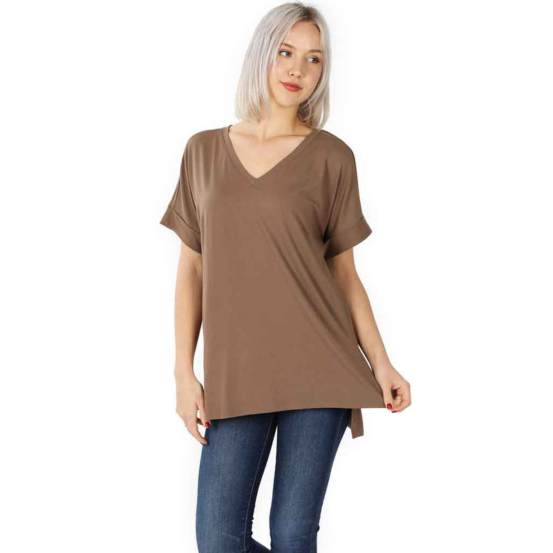 Mocha color V-neck soft, comfort style, short sleeve blouse. 