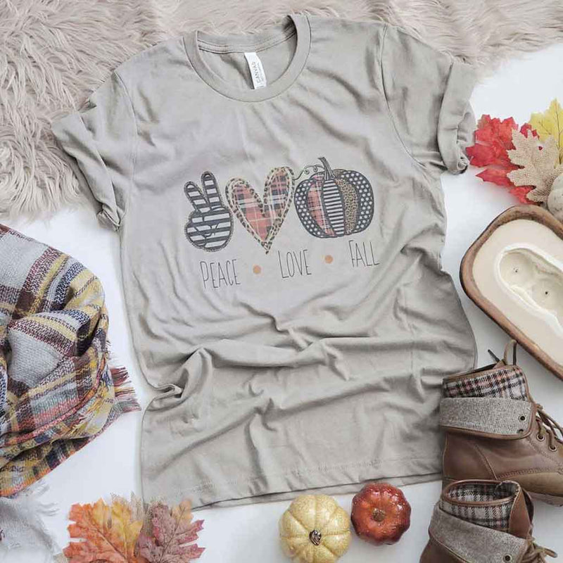 Stone color tee with peach love fall quote.