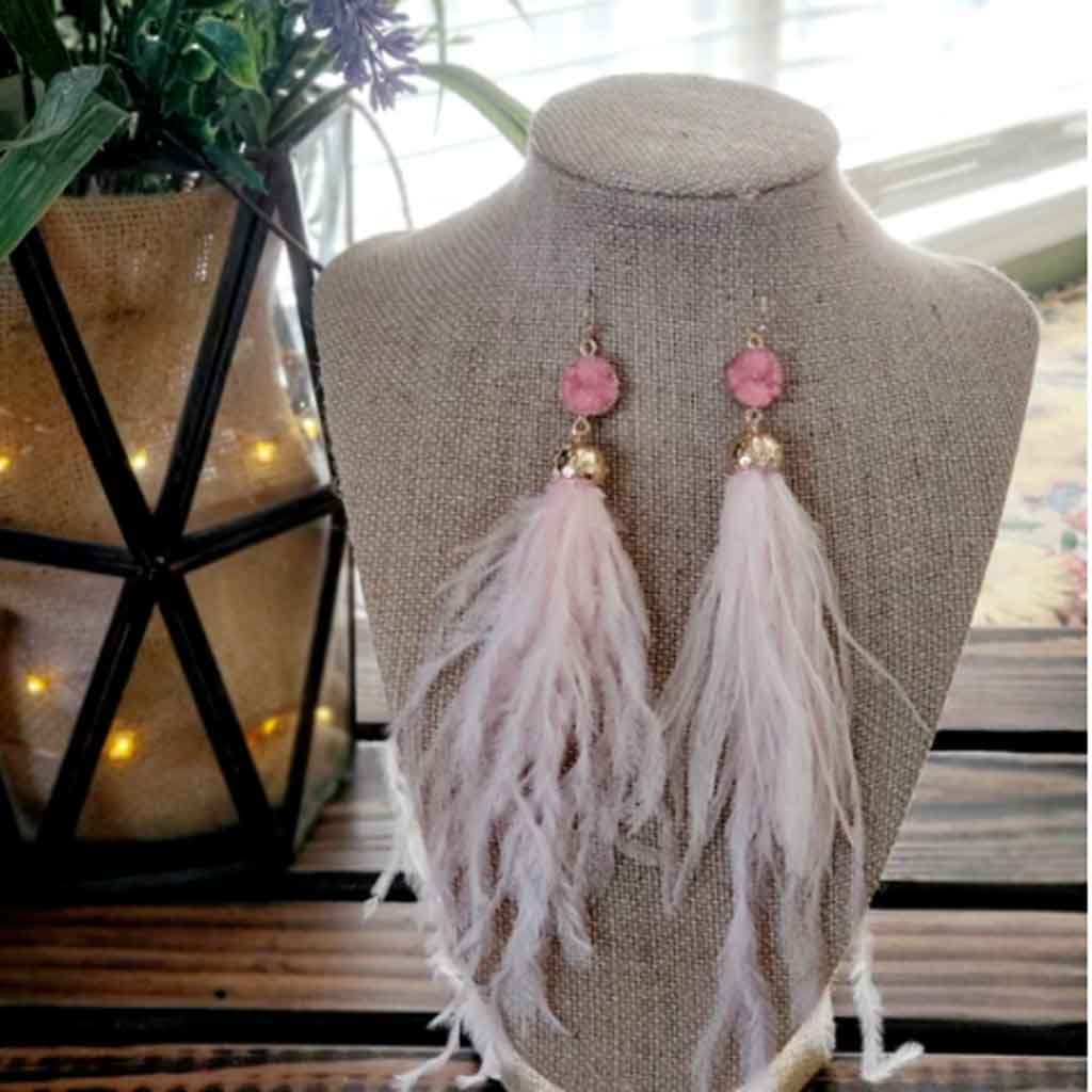 2024 Statement Feather and Druzy Gemstone Earrings